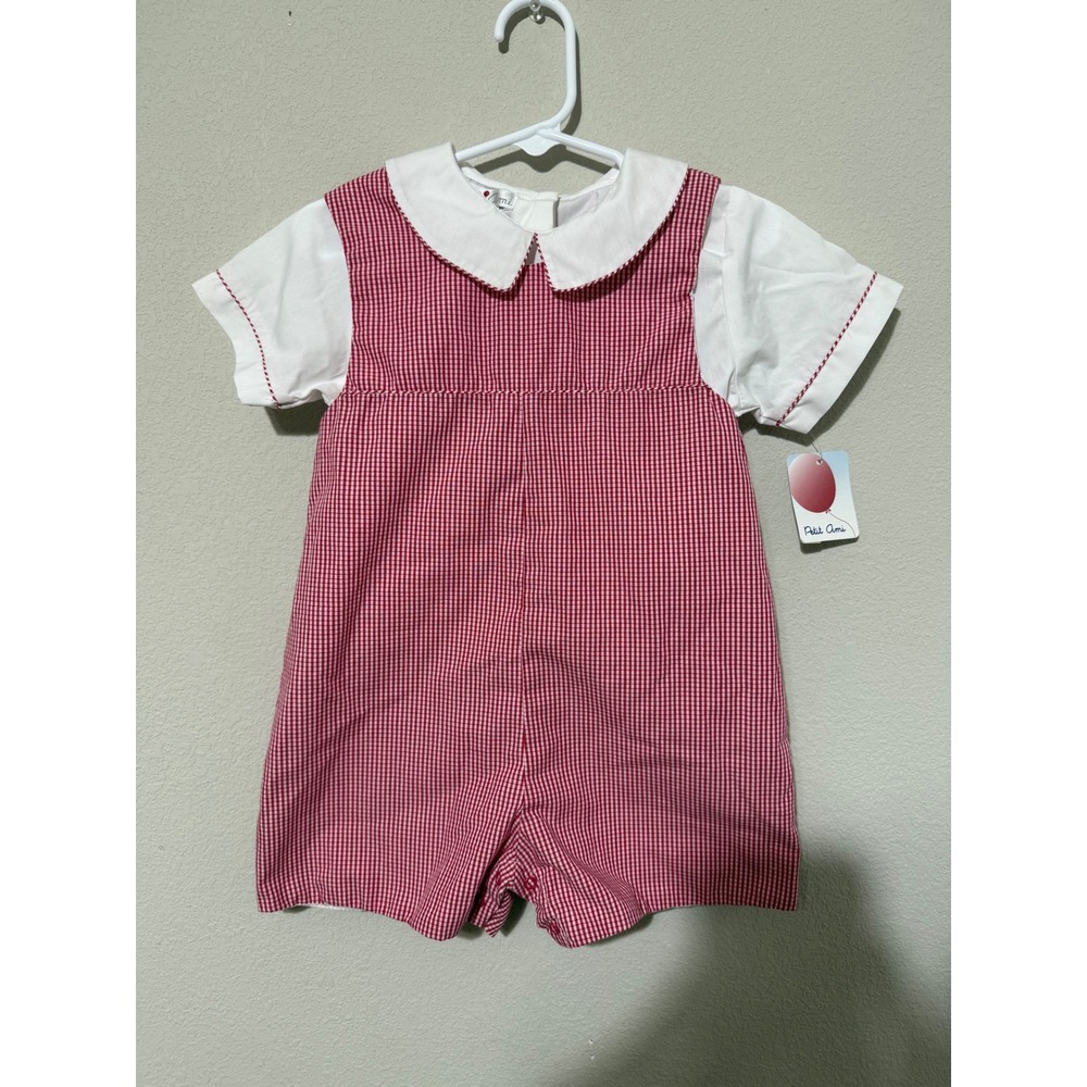 NWT Petit Ami Gingham Romper Set Kids 24M Red White Peter Pan Collar